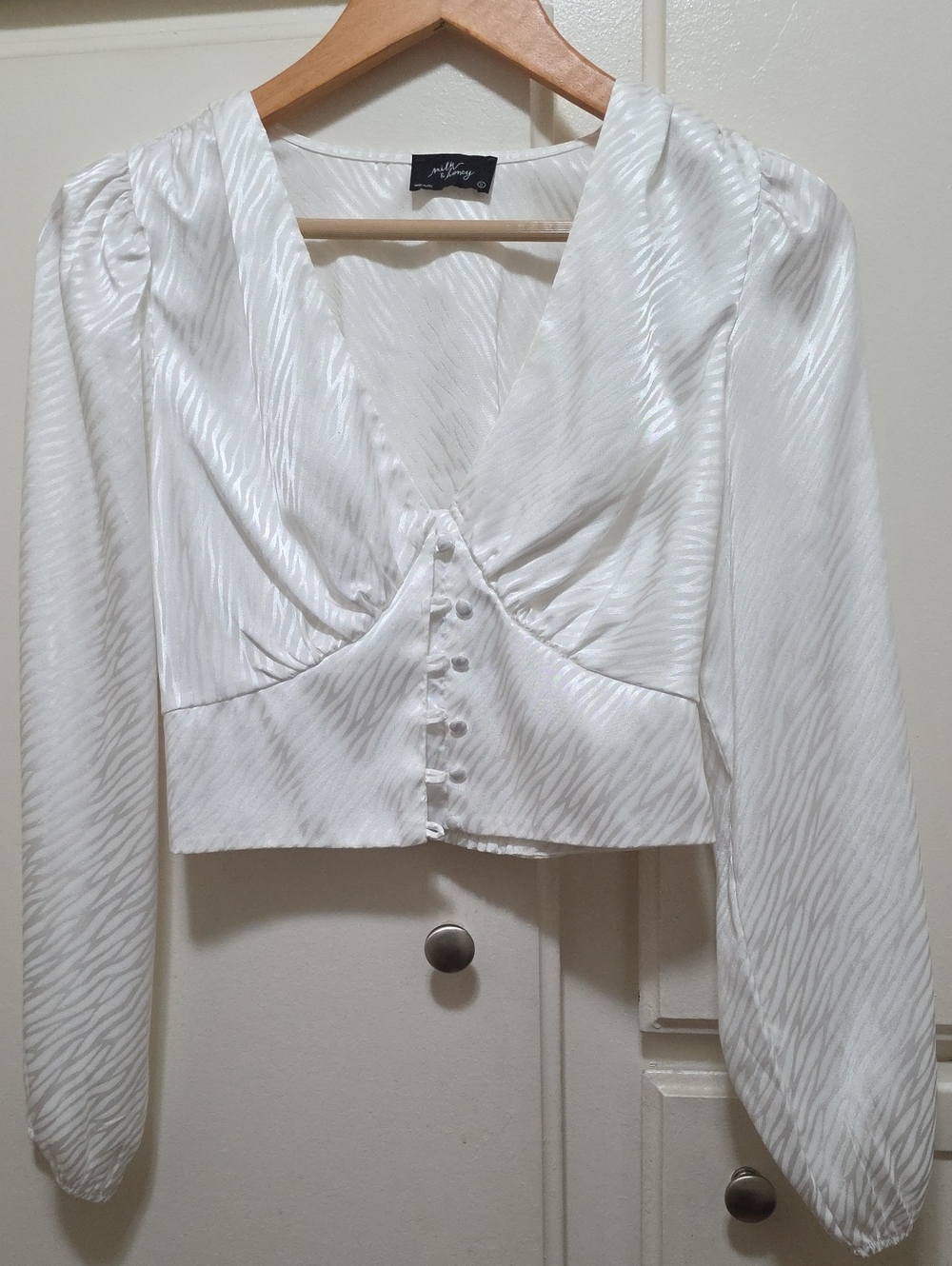White Satin V-Neck Button-Front Women's Blouse